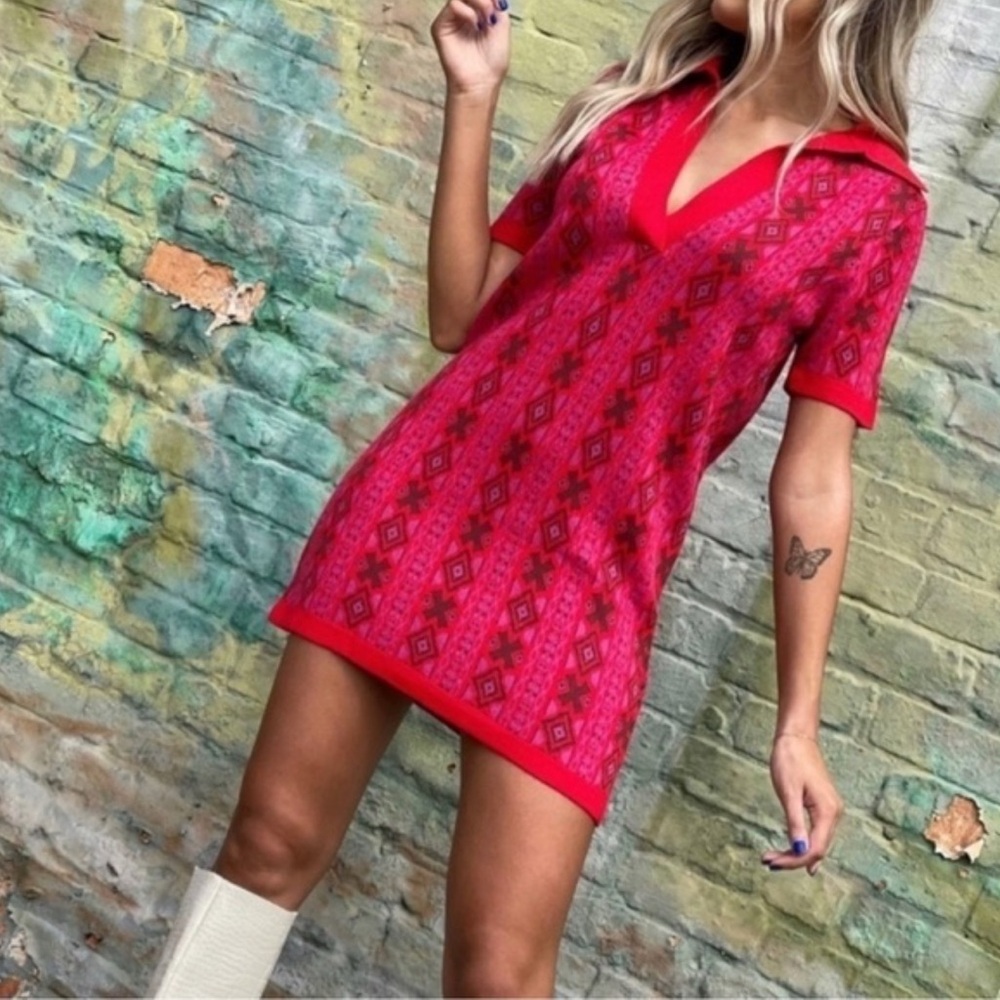 Free People Red Pink Aztec Knit Polo Mini Dress XS NWOT